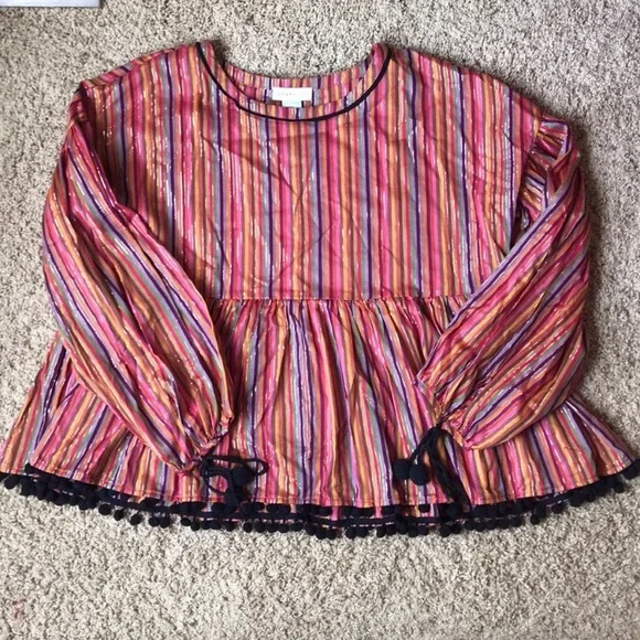 Boho Colorful Rainbow-Stripe Peplum Pom Pom Top Size M - Picture 6 of 6